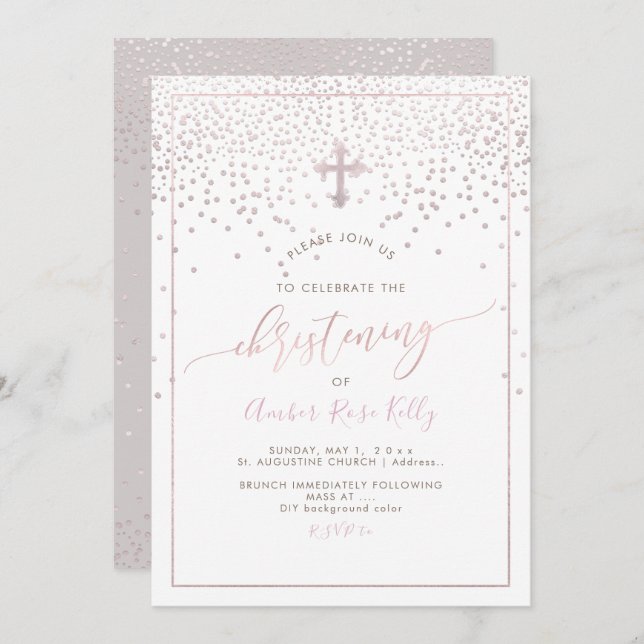 Convite PixDezines Blush Confetti/Christening/DIY Color (Frente/Verso)