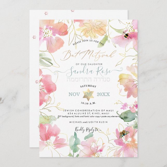 Convite PixDezines Blush Sweetpeas Watercolor Bat Mitzvah (Frente/Verso)