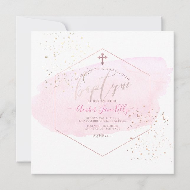 Convite PixDezines Blush Watercolor+Honeycomb Baptism (Frente)