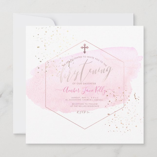 Convite PixDezines Blush Watercolor+Honeycomb Christening (Frente)