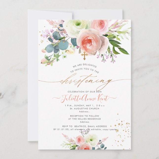 Convite PixDezines Blush Watercolor Peonies Christening (Frente)