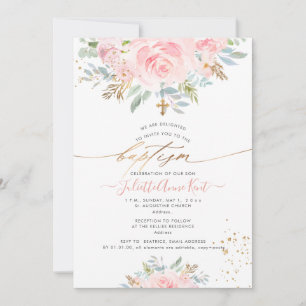 Convite PixDezines Blush Watercolor Rosas Baptism