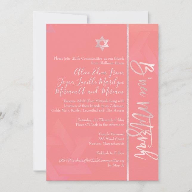 Convite PixDezines B'Nei Mitzvah, Blush+Coral (Frente)