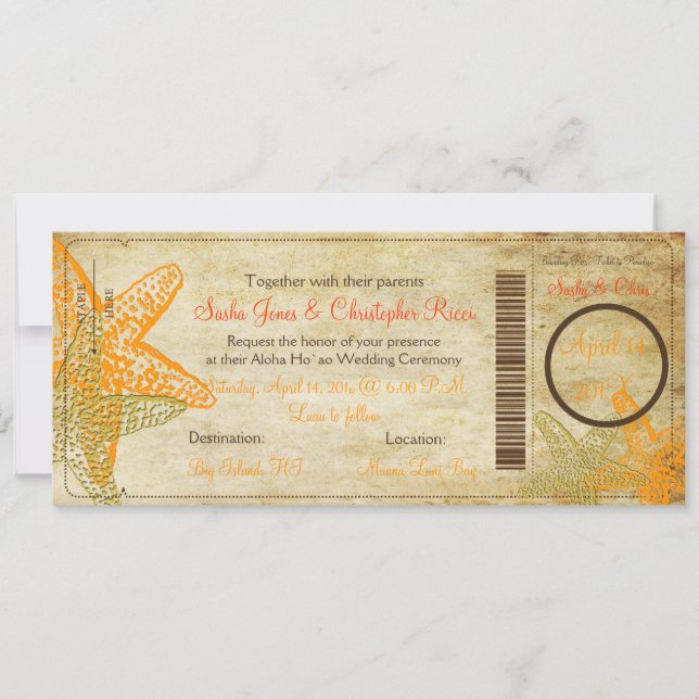 Convite PixDezines Bordo Pass+Beach+Orange Starfish (Frente)