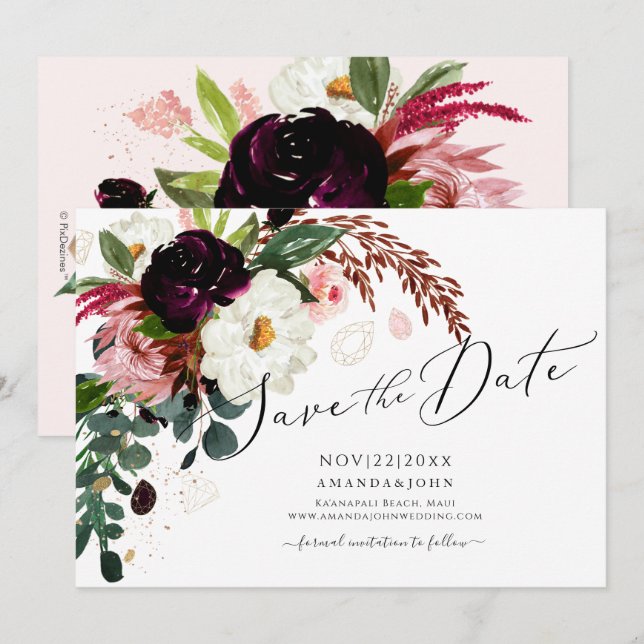 Convite PixDezines Borgonha Floral Rústico, Salve a Data (Frente/Verso)