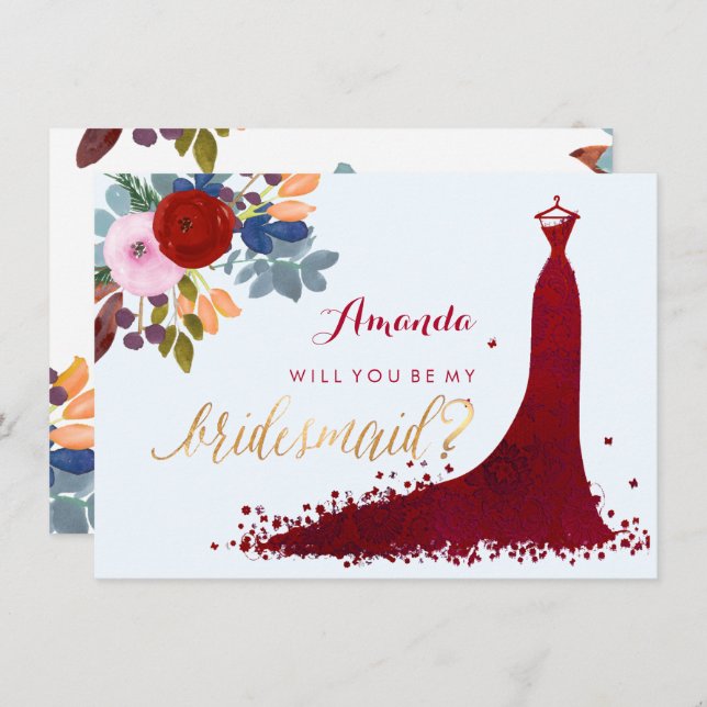 Convite PixDezines Bridesmaid/Floral/Watercolor/Vermelho (Frente/Verso)