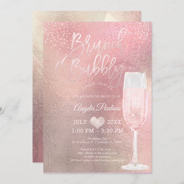 Convite PixDezines Brunch Bubble/Confetti+Ombre Rosa (Frente/Verso)