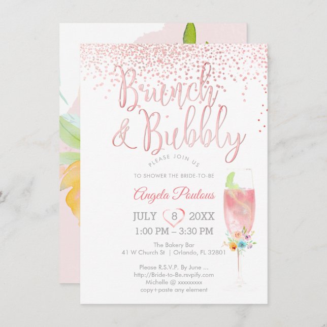 Convite PixDezines Brunch Bubble/Pink+Prata Confetti (Frente/Verso)