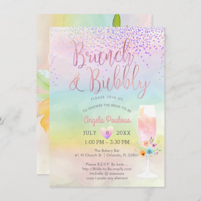 Convite PixDezines Brunch Bubbles/Cotton Candy Confetti (Frente/Verso)