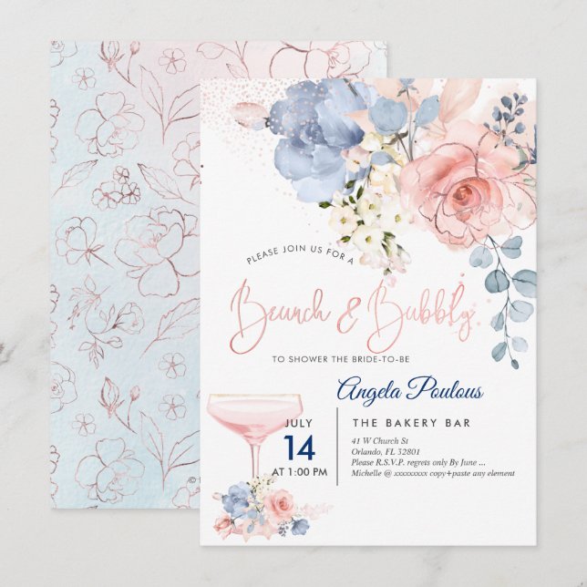 Convite PixDezines Brunch Bubbly Blush+Blue H2 flores  (Frente/Verso)