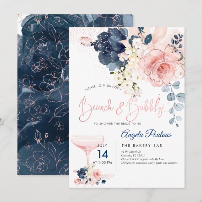 Convite PixDezines Brunch Bubbly Rosa Navy Flores H2 (Frente/Verso)