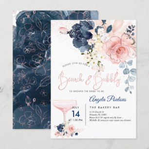 Convite PixDezines Brunch Bubbly Rosa Navy Flores H2