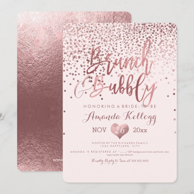 Convite PixDezines Brunch N Borracha/Rosa Dourado Confetti (Frente/Verso)