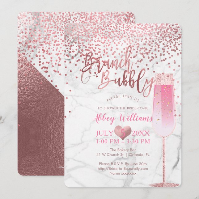 Convite PixDezines Brunch N Borracha/Rosa Dourado/Confetti (Frente/Verso)