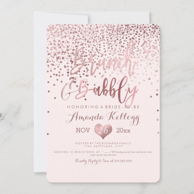 Convite PixDezines Brunch N Bubble/Rosa Dourado Confetti (Frente)