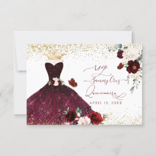 Convite PixDezines Burgundy Blush Rosas Quinceanera RSVP 