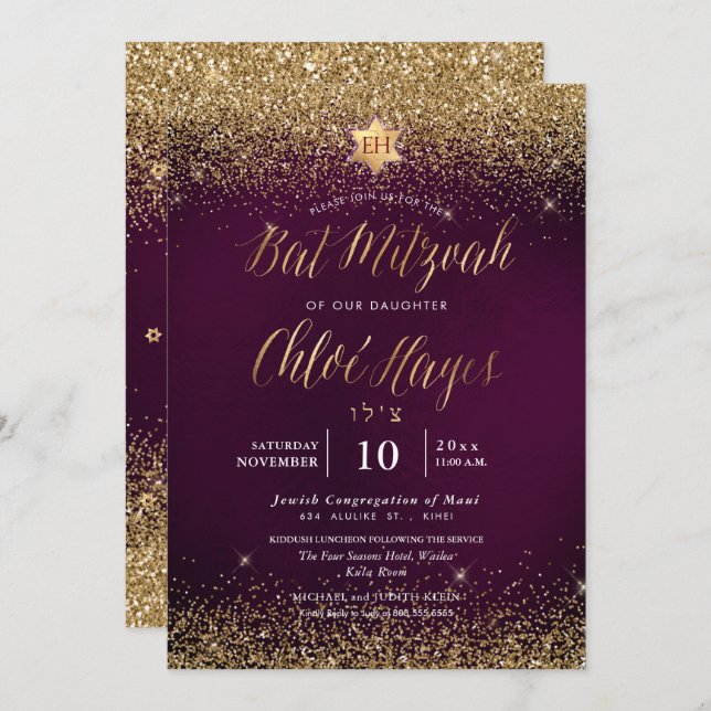 Convite PixDezines Burgundy Glitter Bat Mitzvah (Frente/Verso)