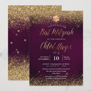 Convite PixDezines Burgundy Glitter Bat Mitzvah