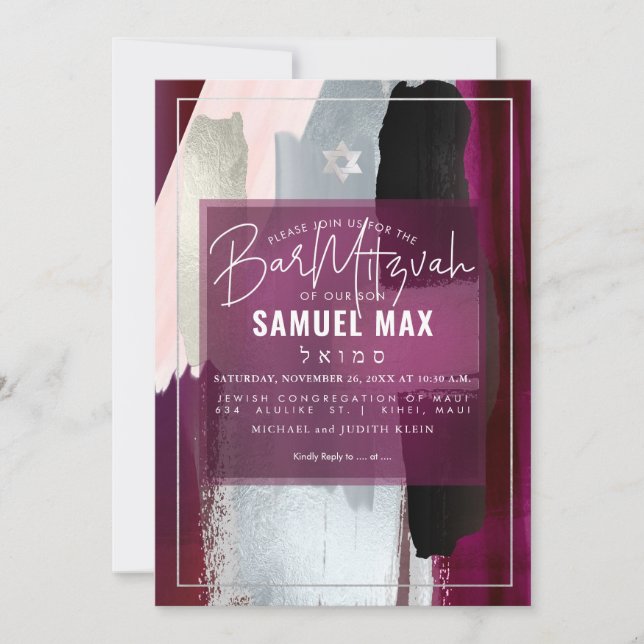 Convite PixDezines Burgundy Watercolor Bar Mitzvah (Frente)