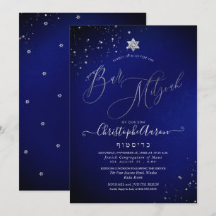 Convite PixDezines Clássico Azul Royal Prata Bar Mitzvah