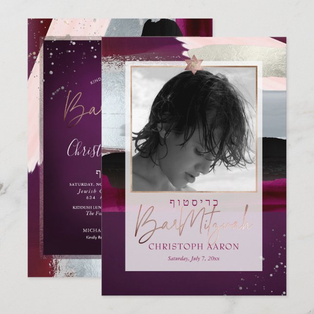 Convite PixDezines Color Block Falso Bar Mitzvah Prata (Frente/Verso)