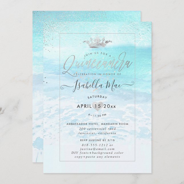Convite PixDezines Crystal Blue BeachShoreline Quinceanera (Frente/Verso)