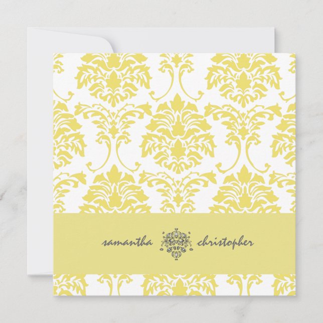 Convite PixDezines Damask 1 Yellow e Cinza acento (Frente)