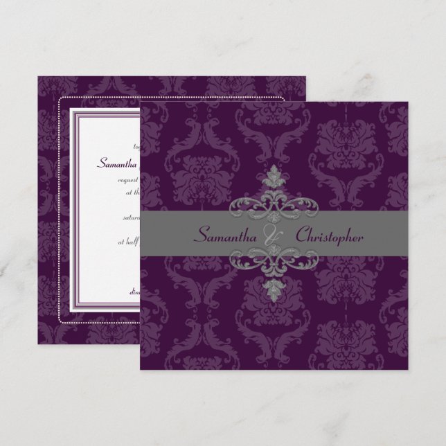 Convite PixDezines DARK PLUM LILIANA DAMASK, cor DIY (Frente/Verso)