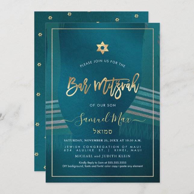 Convite PixDezines Dark Teal+GoldTalitz Bar Mitzvah (Frente/Verso)