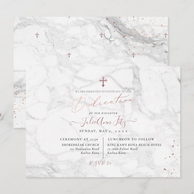 Convite PixDezines Dedicação em Mármore Rosa Dourado (Frente/Verso)