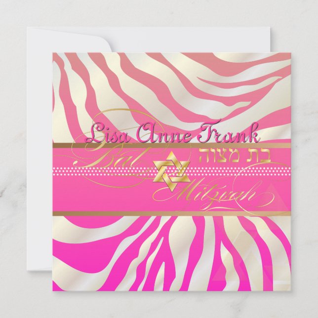 Convite PixDezines DIY color/Pink Zebra, Bat Mitzvah (Frente)