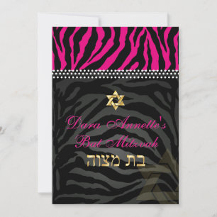 Convite PixDezines DIY cores Zebra Rosa, Bat Mitzvah