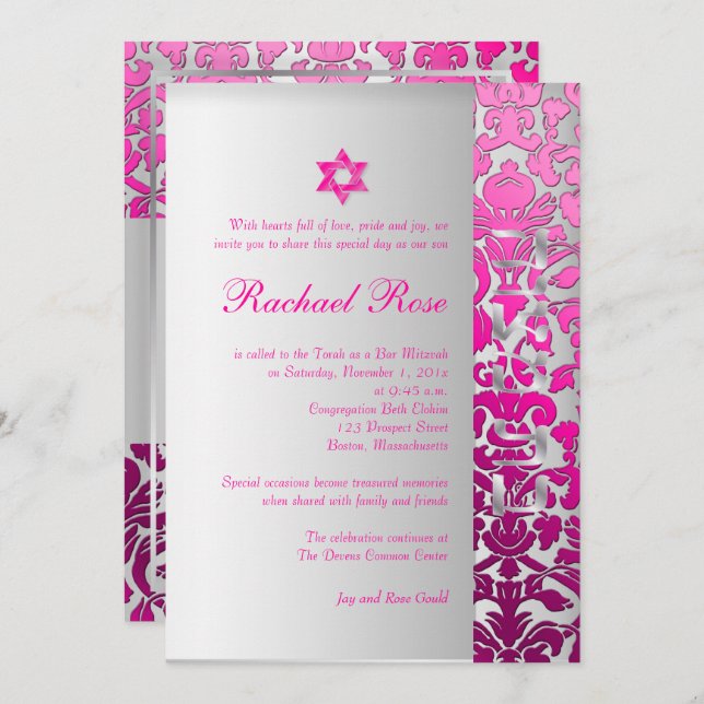 Convite PixDezines DIY flora damask/Mitzvah/rosa/prata (Frente/Verso)
