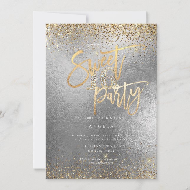 Convite PixDezines Doce 16 Glitter Dourado De Prata De Dia (Frente)