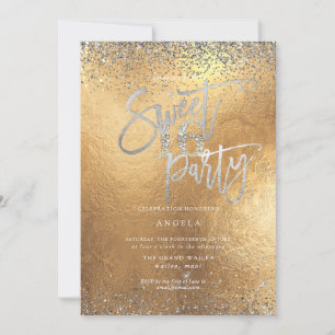 Convite PixDezines Doce 16 Glitter Dourado de Prata Diaman