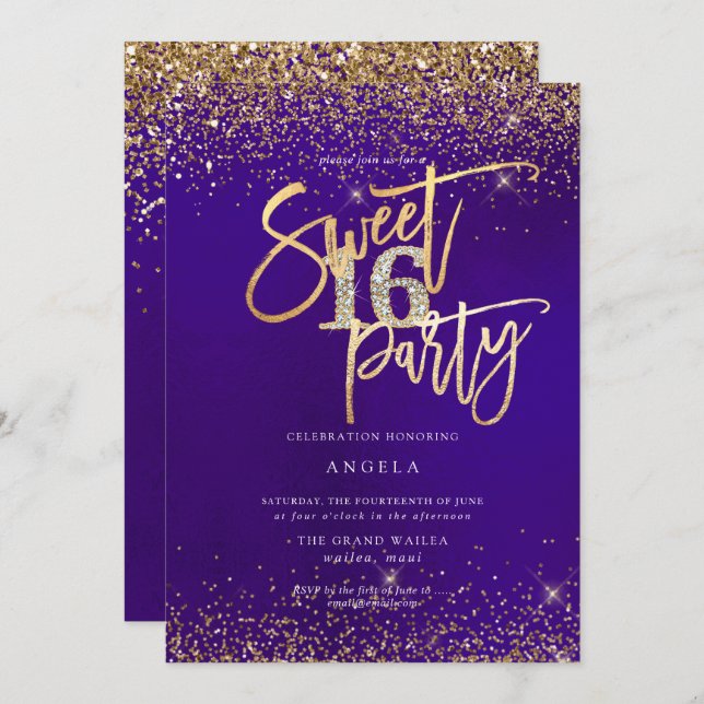 Convite PixDezines Doce 16 Glitters Dourados Diamond Roxo (Frente/Verso)