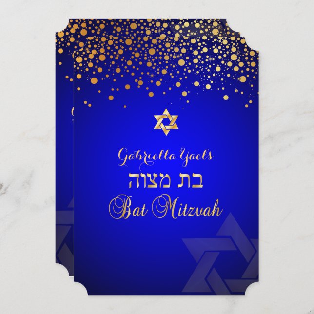 Convite PixDezines dourado deslumbrado/Bat Mitzvah/azul re (Frente/Verso)