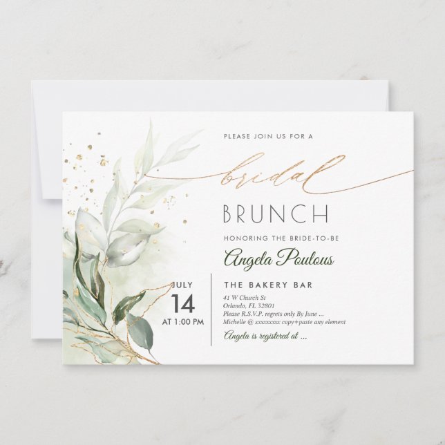 Convite PixDezines Dourado Verde Eucalyptus Bridal Brunch  (Frente)