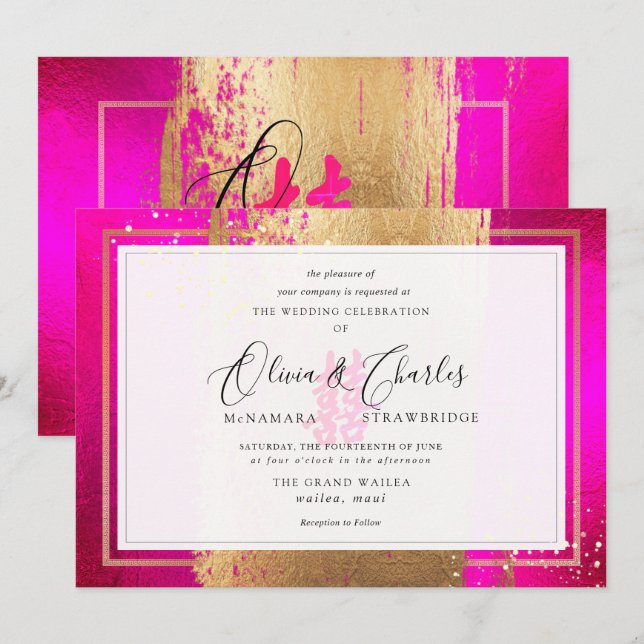 Convite PixDezines Dupla Felicidade, Falso Dourado Rosa Qu (Frente/Verso)