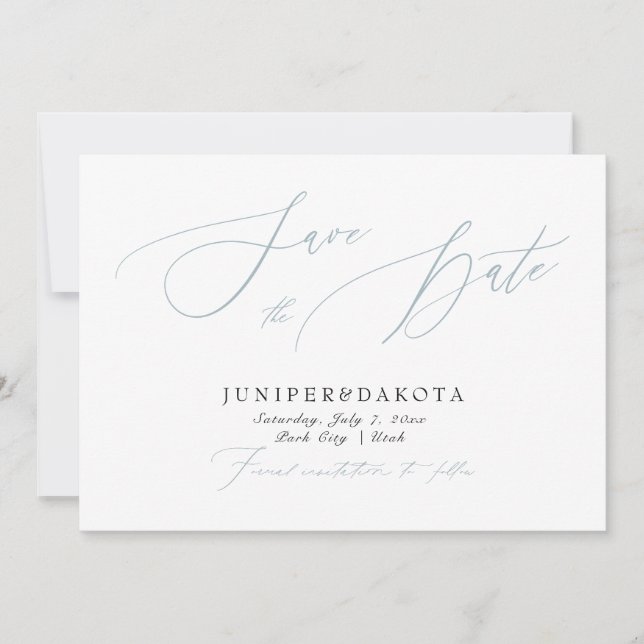 Convite PixDezines Dusty Blue Moderno Script Salve a Data (Frente)