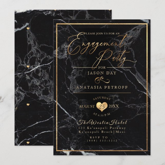 Convite PixDezines Engagement Party Marble/Faux Gold (Frente/Verso)