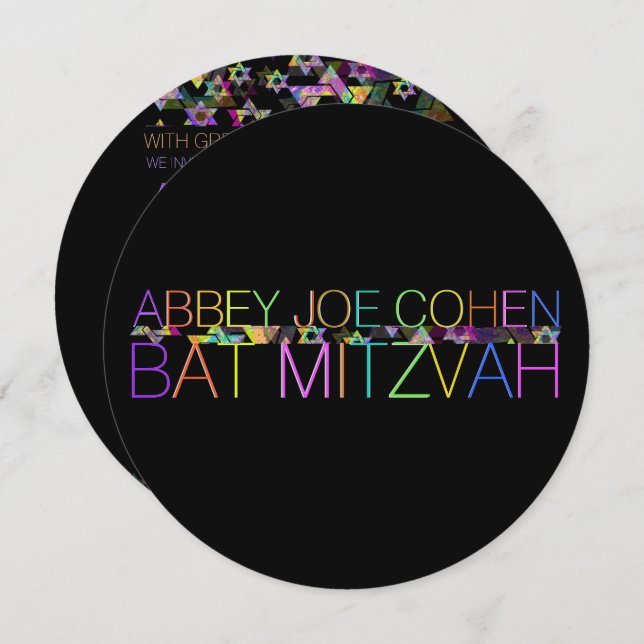Convite PixDezines estrelas psicodélicas/neon/bat mitzvah (Frente/Verso)