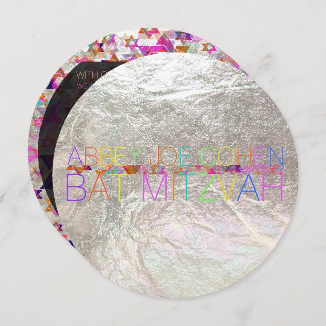 Convite PixDezines estrelas psicodélicas/neon/bat mitzvah (Frente/Verso)