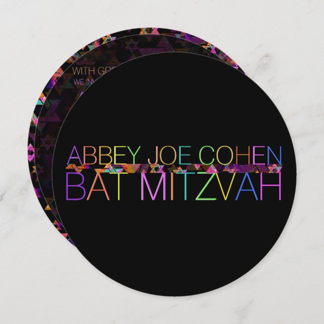 Convite PixDezines estrelas psicodélicas/neon/bat mitzvah (Frente/Verso)