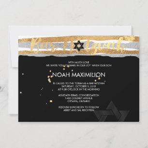 Convite PixDezines falso bar mitzvah de prata/ouro/listras