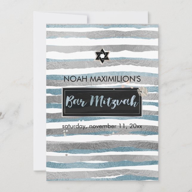 Convite PixDezines falso bar mitzvah prata/azul/listras (Frente)