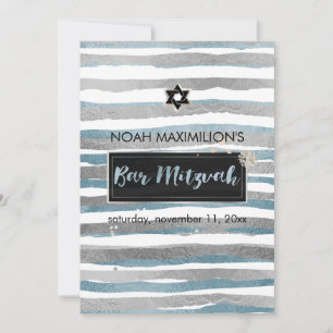 Convite PixDezines falso bar mitzvah prata/azul/listras
