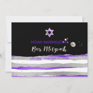 Convite PixDezines falso bar mitzvah prata/roxo/listras