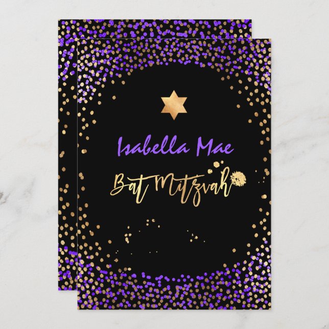 Convite PixDezines Falso Confete Bat Mitzvah Dourado+Roxo (Frente/Verso)