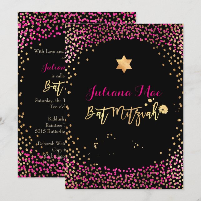 Convite PixDezines Falso Ouro+Rosa Quente Confete Bat Mitz (Frente/Verso)